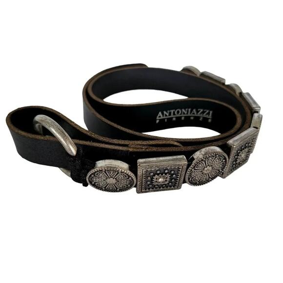 Antoniazzi Firenze Leather Belt Black Silver Women Size XL Italian Designer